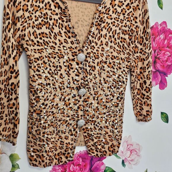 Boston Proper Leopard Cheetah Cardigan Sparkly Sequin Bling Rhinestone Button - Picture 4 of 6